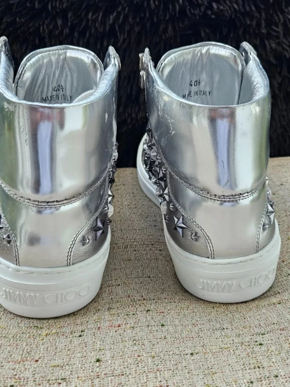 Jimmy Choo Women Sneaker Silver Tone Studs High Top Shoes Size 40.5 Made Italy